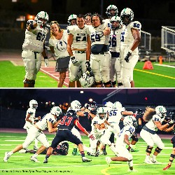 Photo collage: group shot on top, football game in-action on bottom